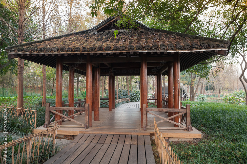 Wooden pathway and traditional Chinese Gazebo Wooden pathway and traditional Chinese Gazebo