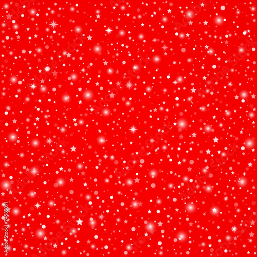 Red Christmas background with sparkling stars and flakes