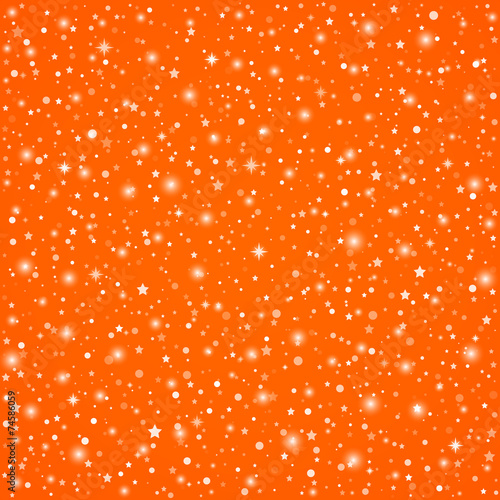 Orange Christmas background with sparkling stars and flakes