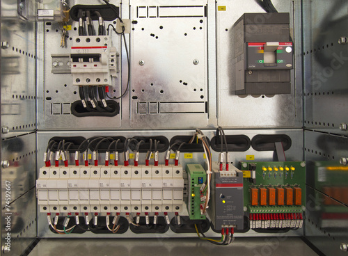 Electrical cubicle with components and wires closeup