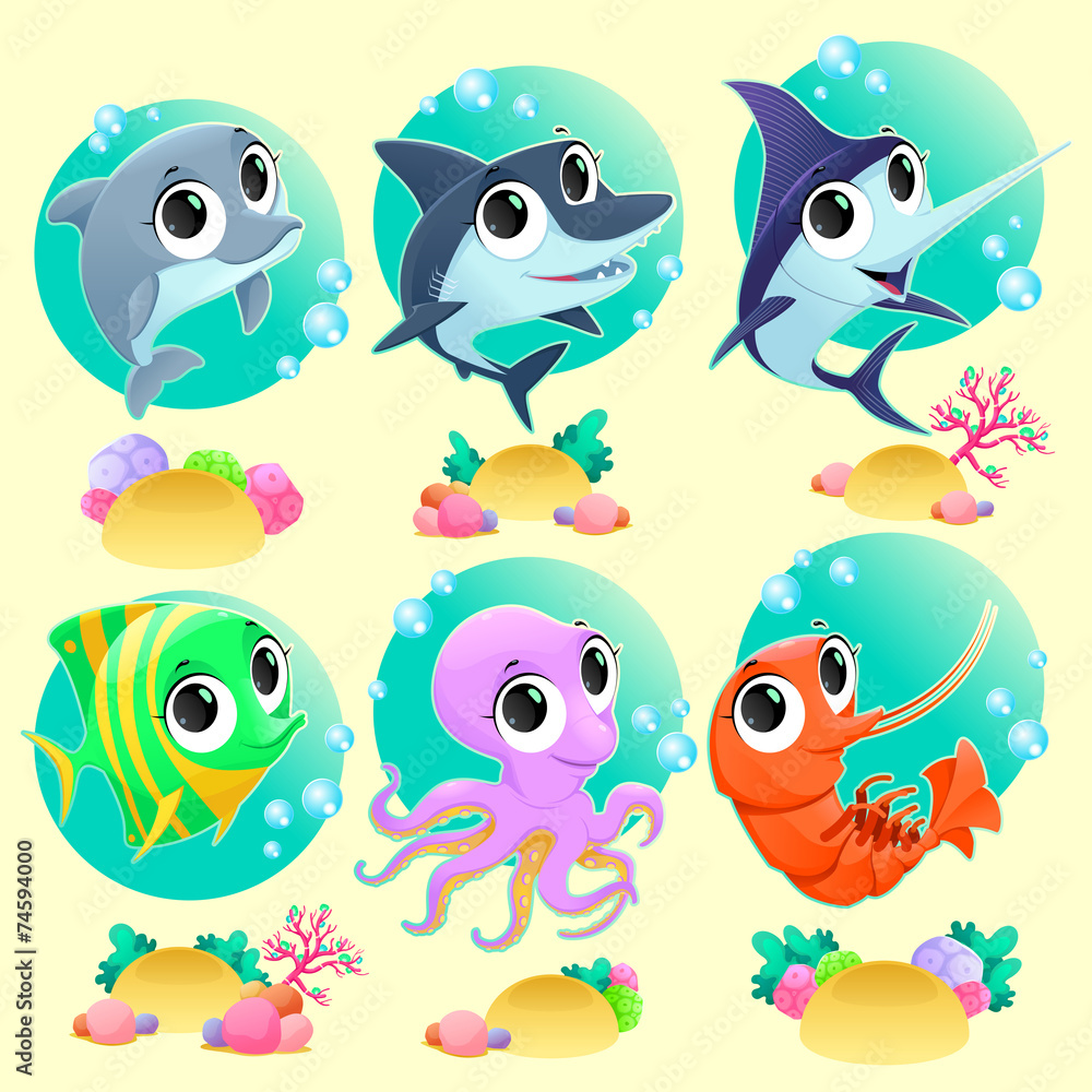 Funny marine animals with backgrounds Funny marine animals with backgrounds