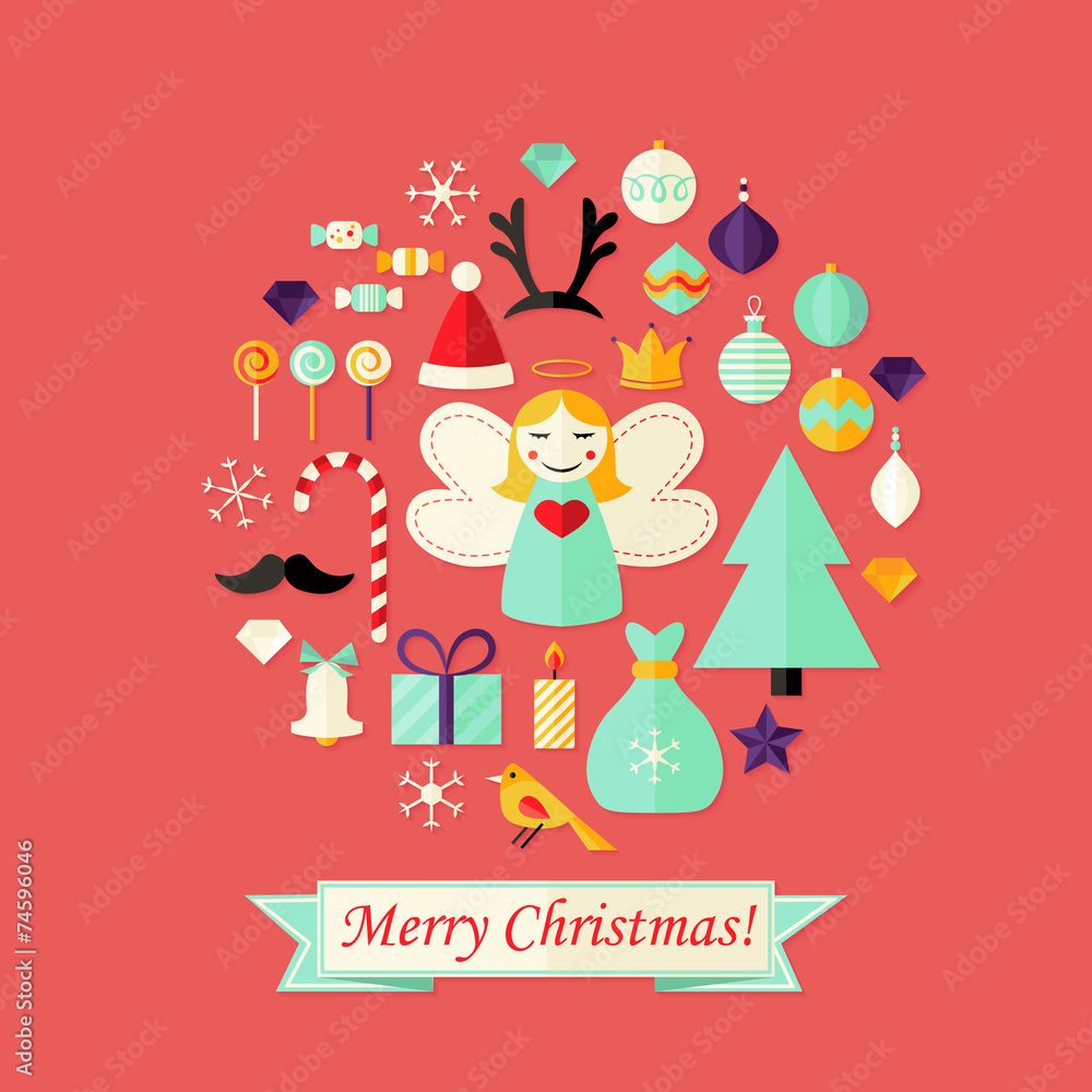 Christmas Card with Flat Icons Set and Angel Red Christmas Card with Flat Icons Set and Angel Red