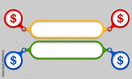 colored frames joined by a bolt and dollar symbol