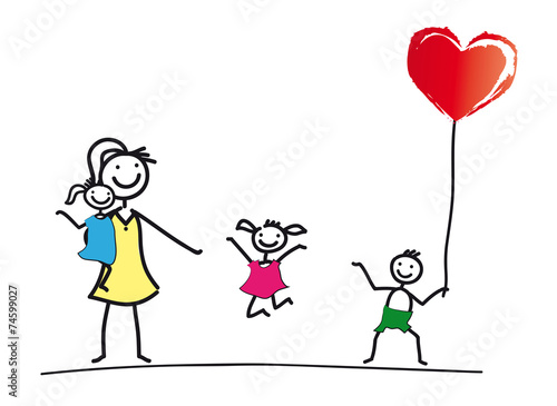Tagesmutter mit Kindergruppe, Kinder, Kleinkinder werden von einer Nanny betreut. Spaß an der Erziehung haben