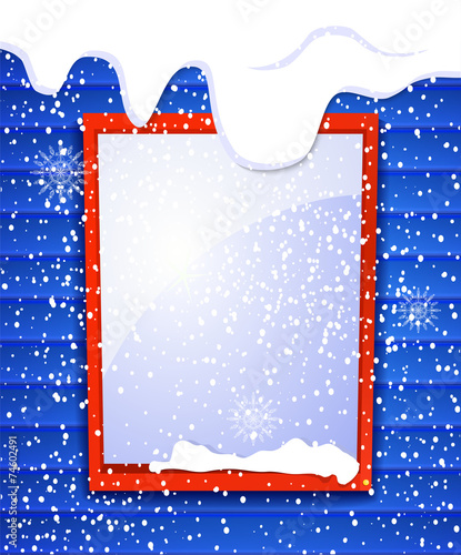 Rectangular window outside house in winter, falling snow, vector