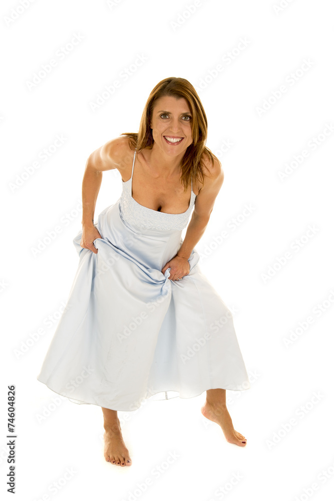 woman in a blue formal lean forward hold dress woman in a blue formal lean forward hold dress