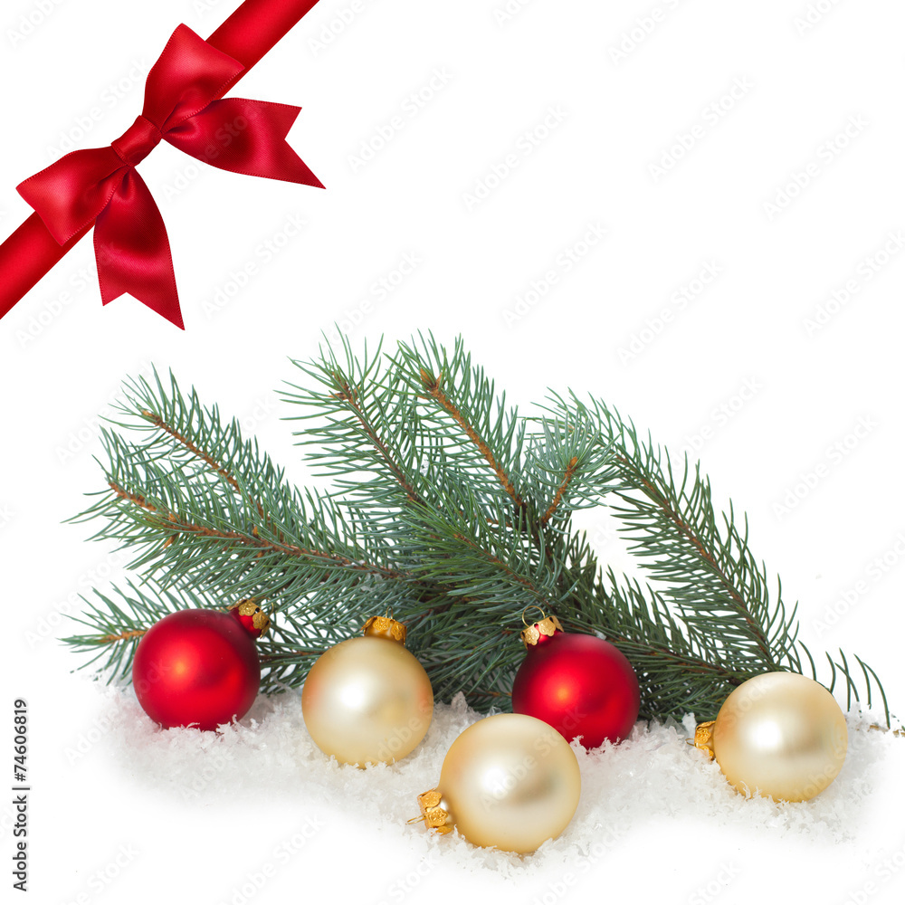 Red ribbon bow end bauble on white background. Christmas tree. Red ribbon bow end bauble on white background. Christmas tree.