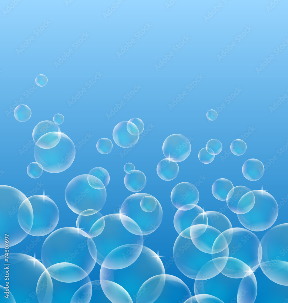 Transparent air bubbles in water on blue background