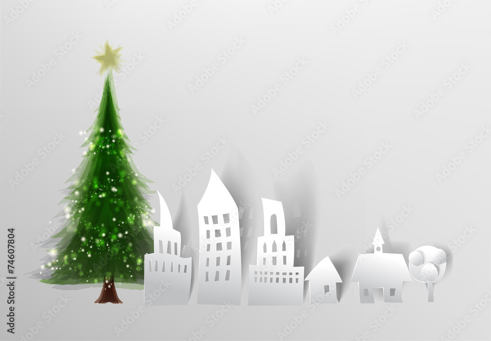 Paper city background with Christmas tree