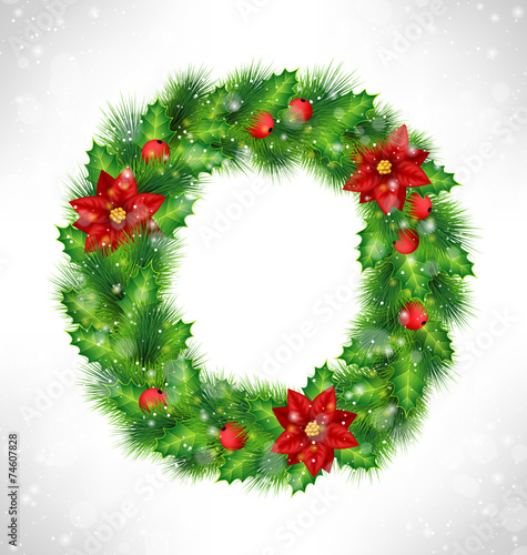 Christmas wreath with holly sprigs, pine branches and flowers of