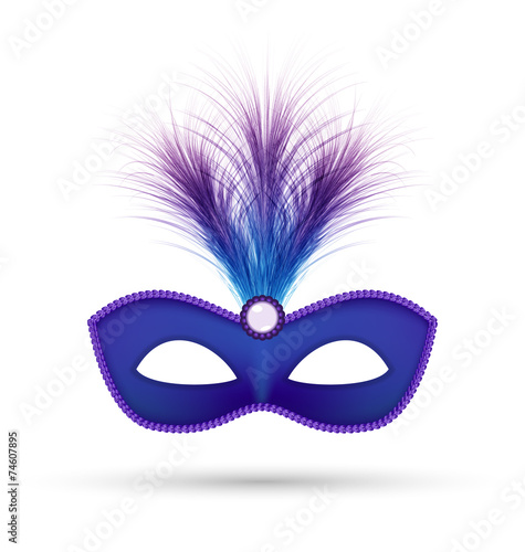 Blue carnival mask with fluffy feathers isolated on white backgr