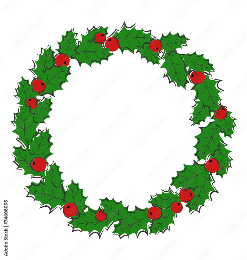 Flat Christmas wreath with holly sprigs isolated on white backgr Flat Christmas wreath with holly sprigs isolated on white backgr
