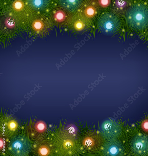 Multicolored Christmas lights on pine branches on blue backgroun