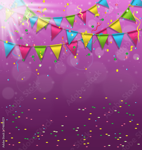 Multicolored bright buntings garlands with confetti and light on