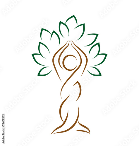 Yoga emblem with abstract tree pose isolated on white background