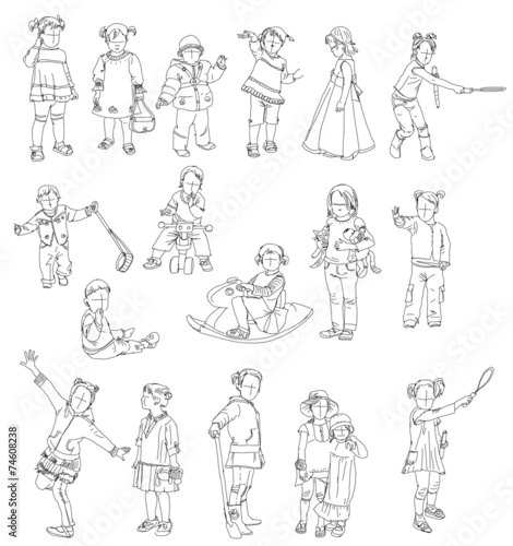 Little kids silhouettes, sketch collection