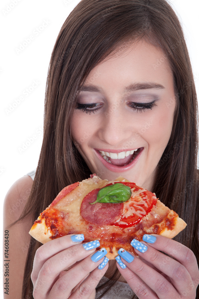 Frau freut sich auf Pizza Porträt Frau freut sich auf Pizza Porträt