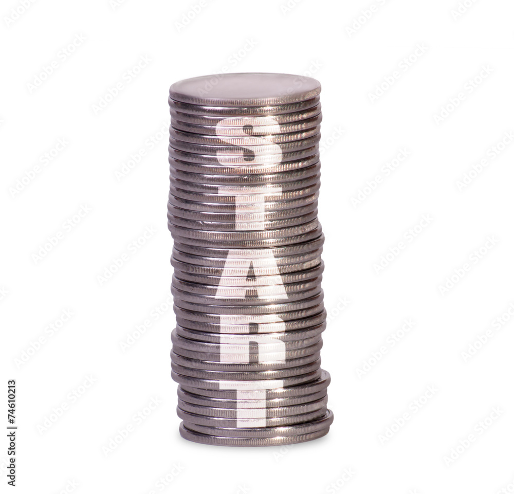 Coin stack isolated with written start on white background. Coin stack isolated with written start on white background.