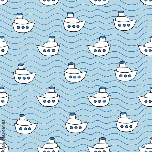 Summer seamless pattern with ship images blue ocean background