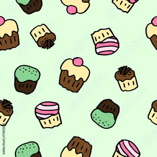 Hand-drawn seamless pattern of cups of coffee and cupcakes