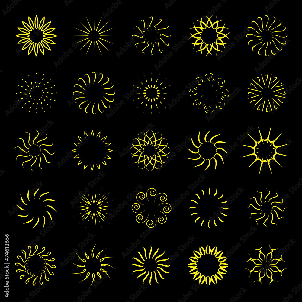Sun's Rays Icons Set - Isolated On Gray Background Sun's Rays Icons Set - Isolated On Gray Background
