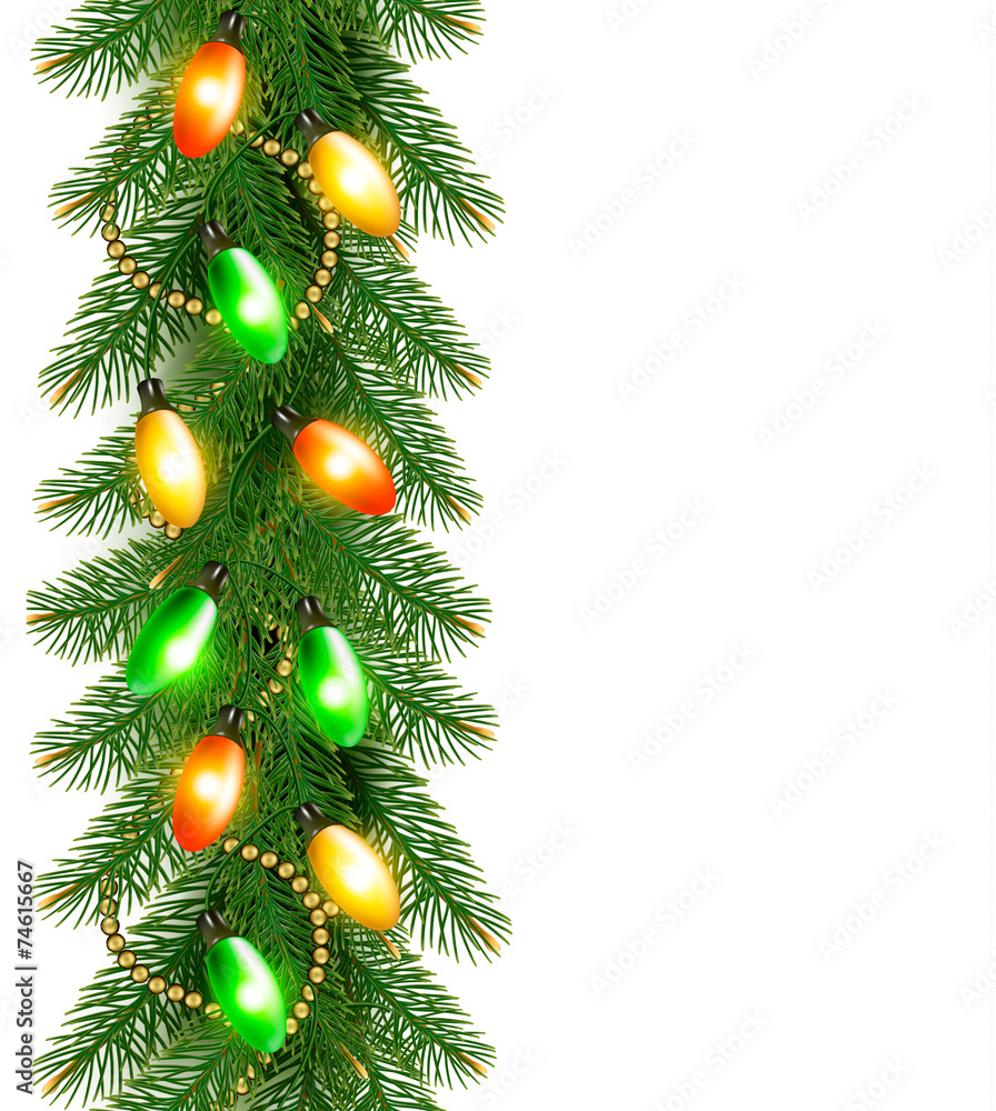 Christmas background with colorful garland and fir branches Vect