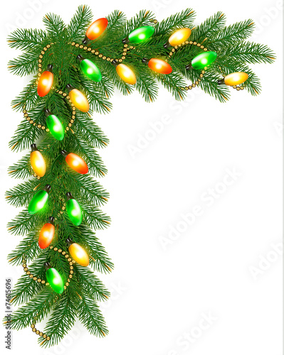 Christmas background with colorful garland and fir branches Vect