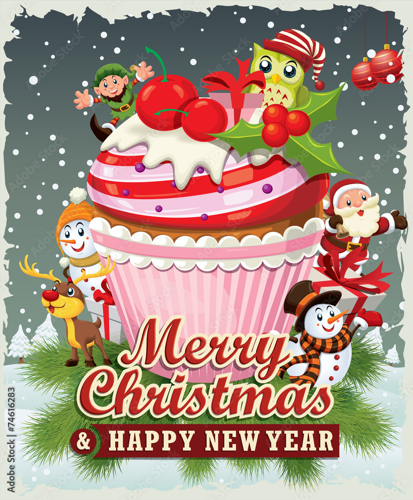Fototapeta premium Vintage Christmas poster design with Santa Claus, cupcake,