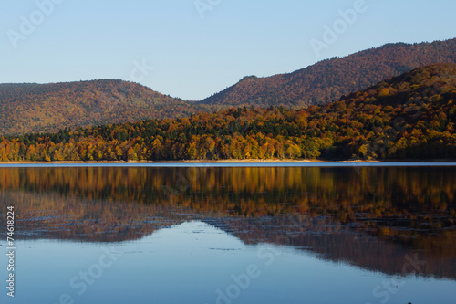 Autumn mirror reflection in lake Pasanauri, Georgia