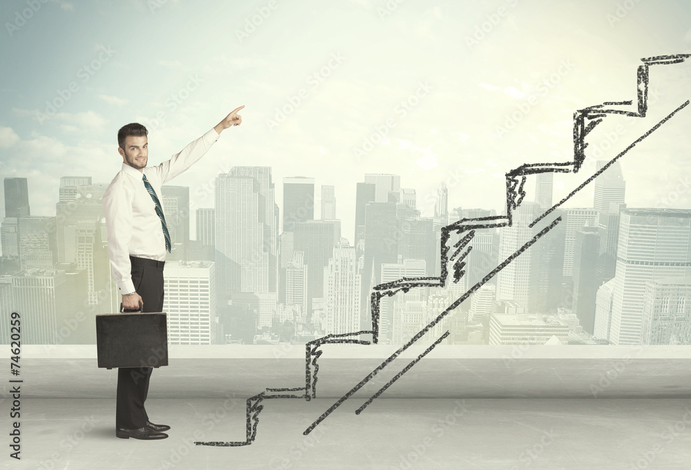 Business man climbing up on hand drawn staircase concept Business man climbing up on hand drawn staircase concept