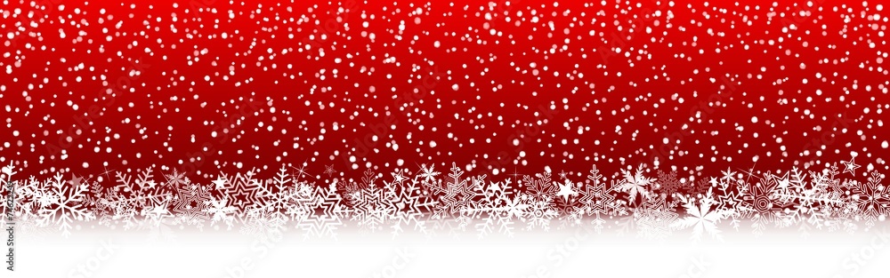 Bannière rouge Noël, flocons de neige, étoiles