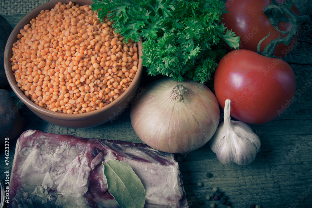 Ingredients for Turkey vegetable soup with red lentils, lying on Ingredients for Turkey vegetable soup with red lentils, lying on