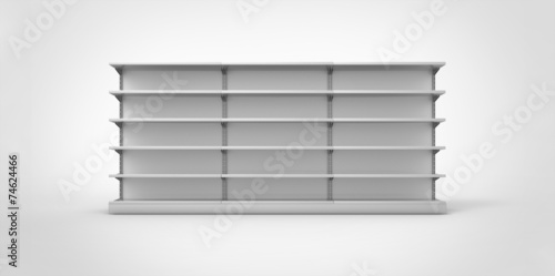 Empty gray retail shelves on a plain background