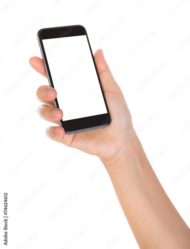 Hand holding mobile smart phone with blank screen Isolated on wh