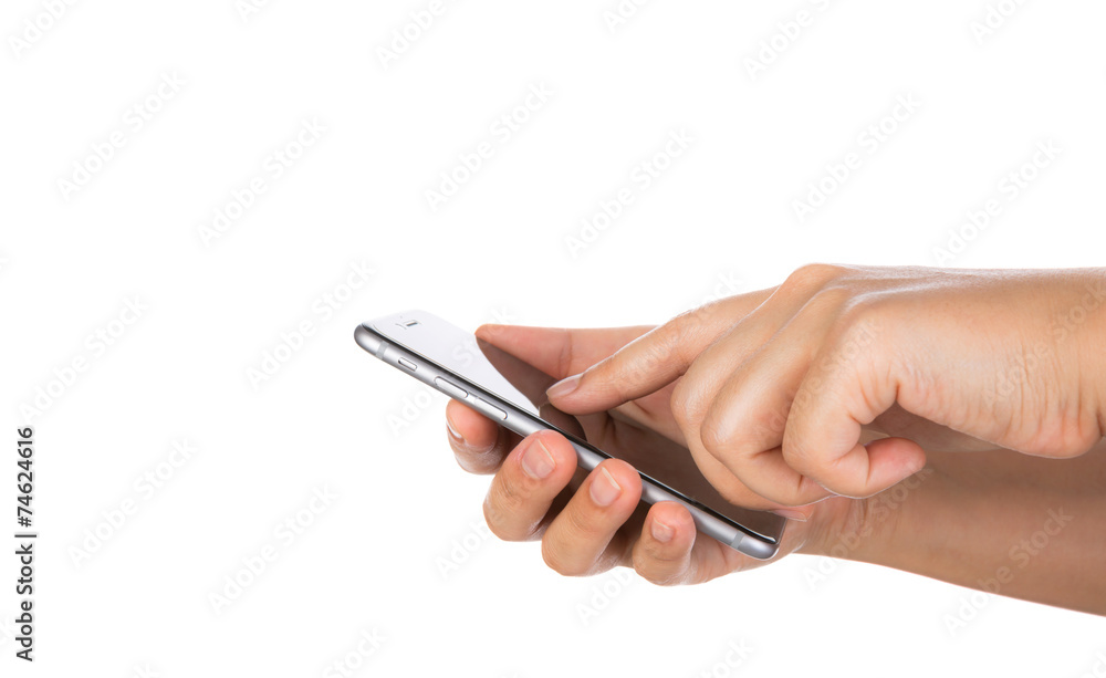 Hand holding mobile smart phone with blank screen Isolated on wh Hand holding mobile smart phone with blank screen Isolated on wh