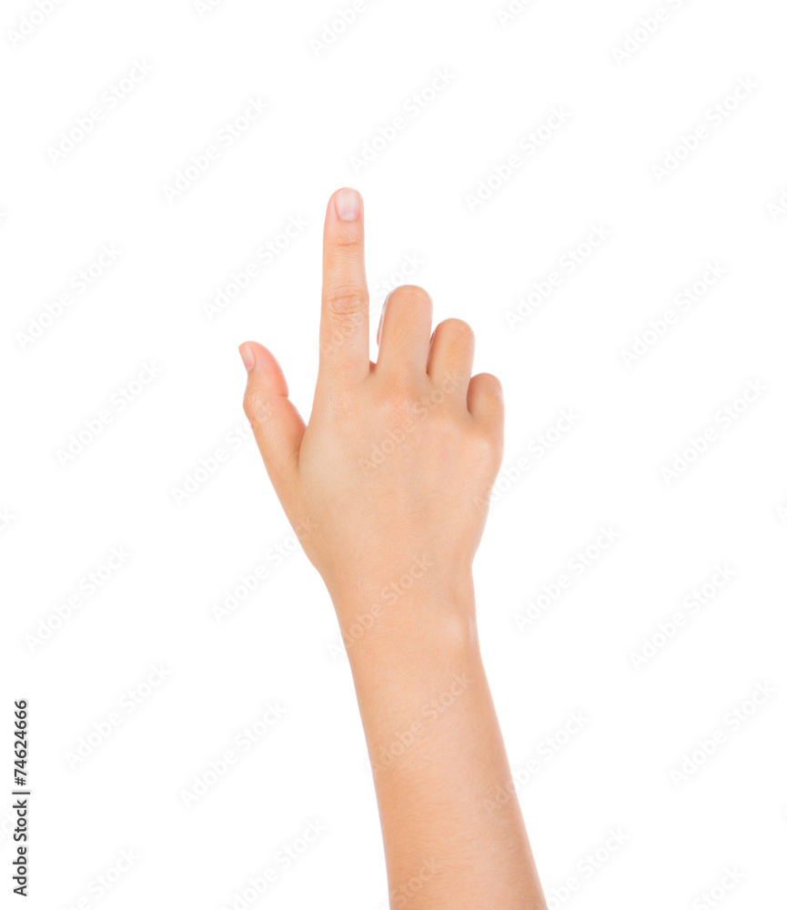 Woman hand touching virtual screen isolated on white background Woman hand touching virtual screen isolated on white background