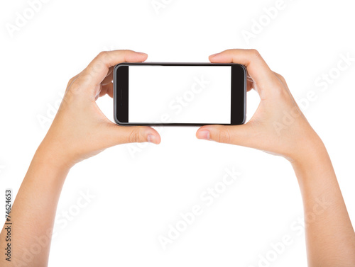 Hand holding mobile smart phone with blank screen Isolated on wh