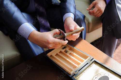 Slika na platnu Male hands cutting cigar