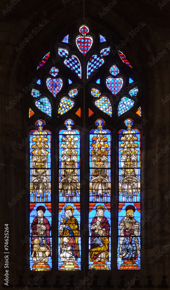Stained-glass window in Seville cathedral, Spain