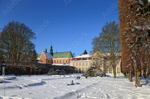 Abbots Palace and the Cathedral in Oliwa winter, Poland.