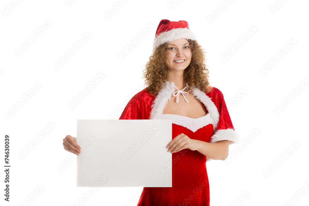 Santa girl holds midsize horizontal blank paper Santa girl holds midsize horizontal blank paper