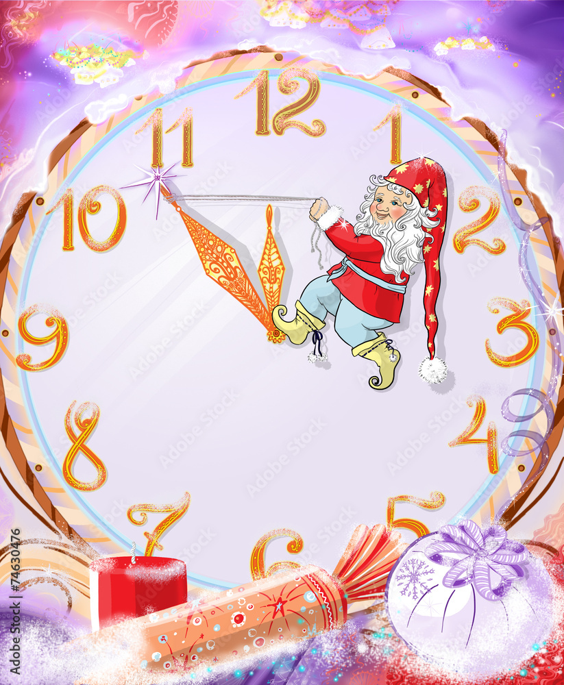 Christmas fabulous background with dwarf and big clock