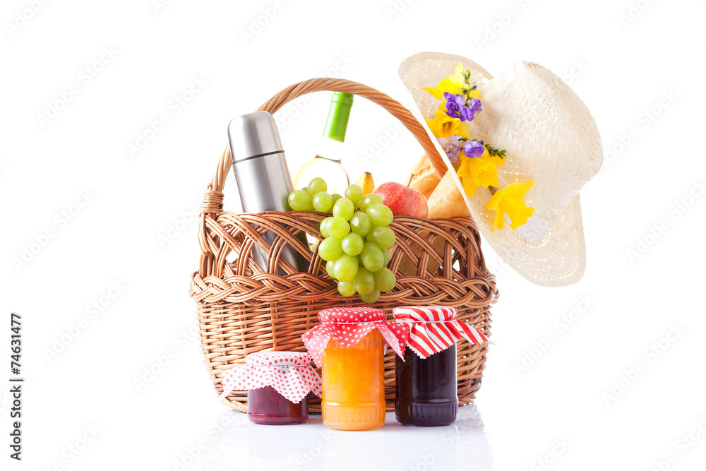 White wine, fruit and picnic food