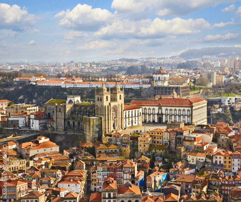 Roofs of old city and The Porto Cathedral in Porto