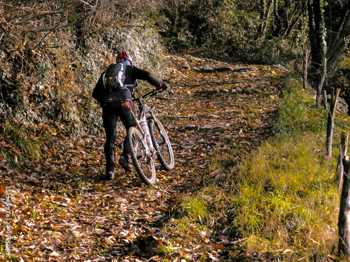 mountain bike on steep trail in autumn forest