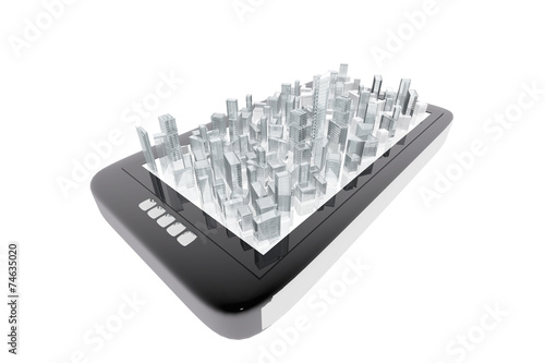 City buildings in mobile tablet