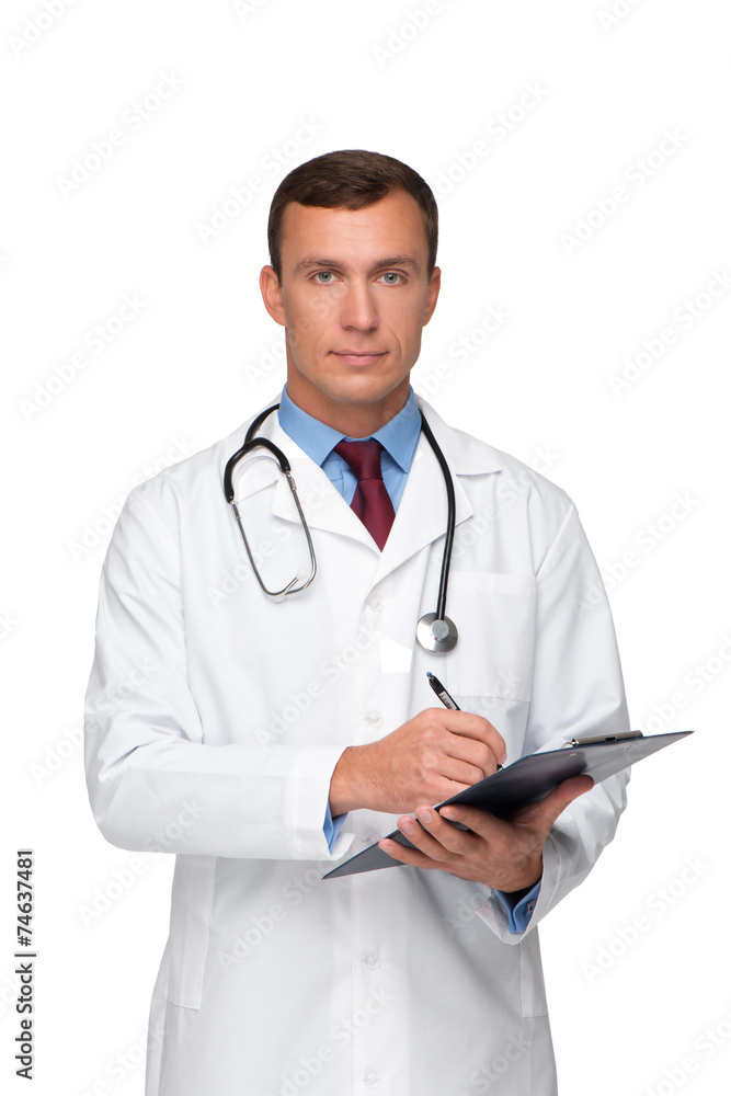 Veterinarian with stethoscope holding folder Veterinarian with stethoscope holding folder