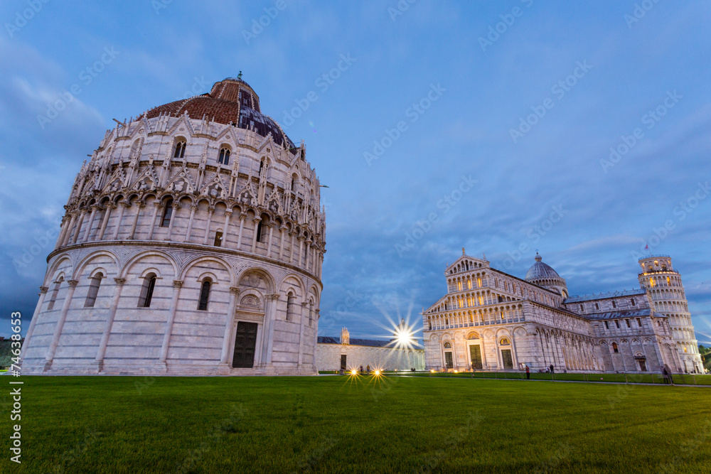 Pisa, Piazza dei Miracoli and Leaning Tower, sunset, lights on