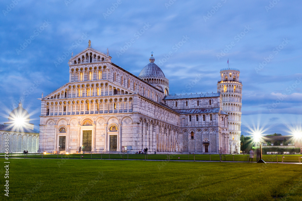 Pisa, Piazza dei Miracoli and Leaning Tower, sunset, lights on