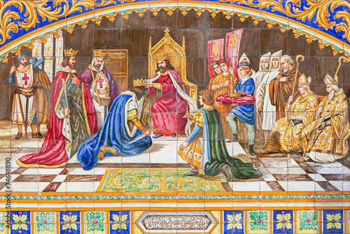 Seville - Tiled scene of Coronation of king - Plaza de Espana
